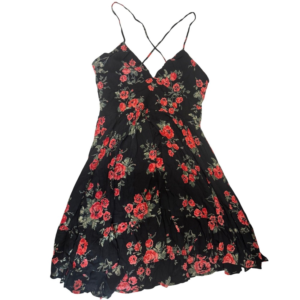 Angie Black Red Floral Rose Print Smocked Backless Mini Sundress Large Romantic